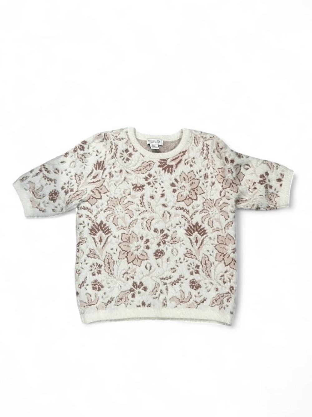 Rachel Zoe Fuzzy Floral Short Sleeve Sweater Cream & Brown Size XL